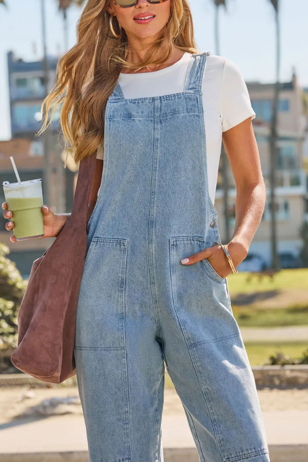 Stylish Loose Pockets Side Buttons Wide-leg Denim Jumpsuit