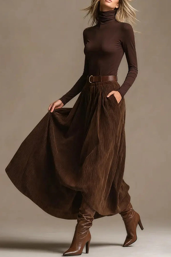 Stylish High-neck Long-sleeved Fitted Top and Casual Elastic Waist Pocket Maxi Skirt Set-consonak