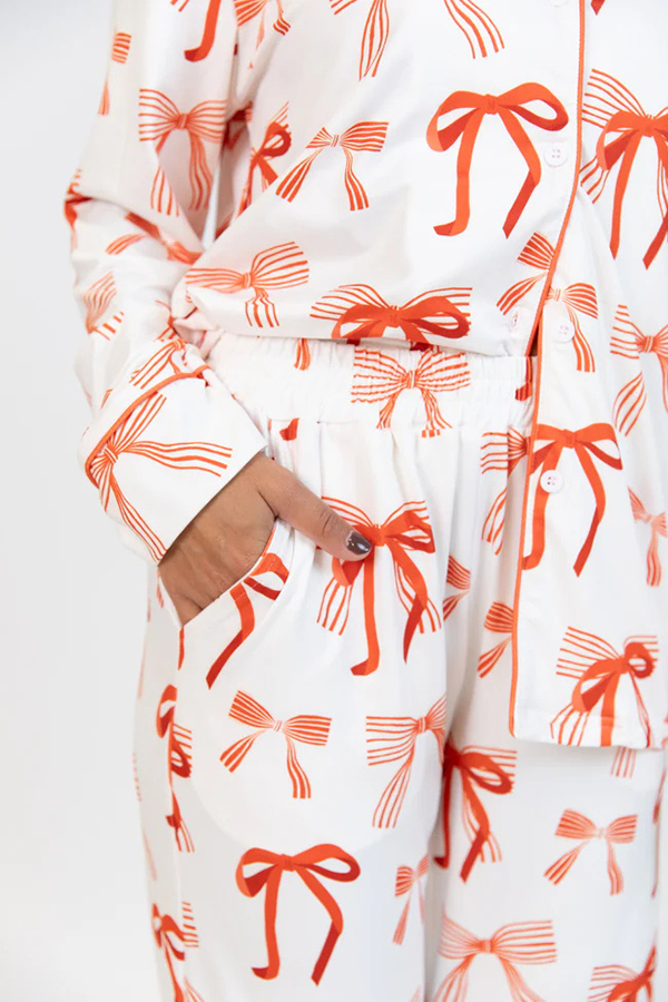 Christmas Bow Print Long Sleeve Shirt and Elastic Waist Pocket Pants Set-consonak