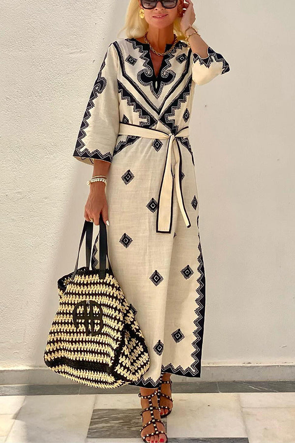 Quiet Atmosphere Linen Blend Ethnic Print Belted Midi Dress | Consonak