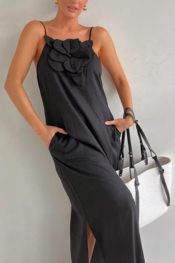 Vacay Ready Linen Blend Floral Embellishment Pocketed Slit Maxi Dress | Consonak