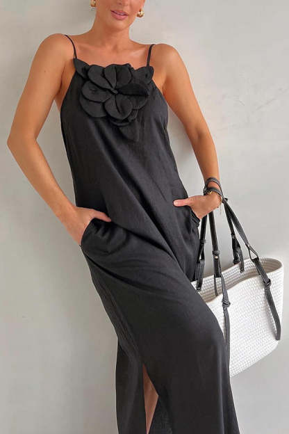 Vacay Ready Linen Blend Floral Embellishment Pocketed Slit Maxi Dress-consonak