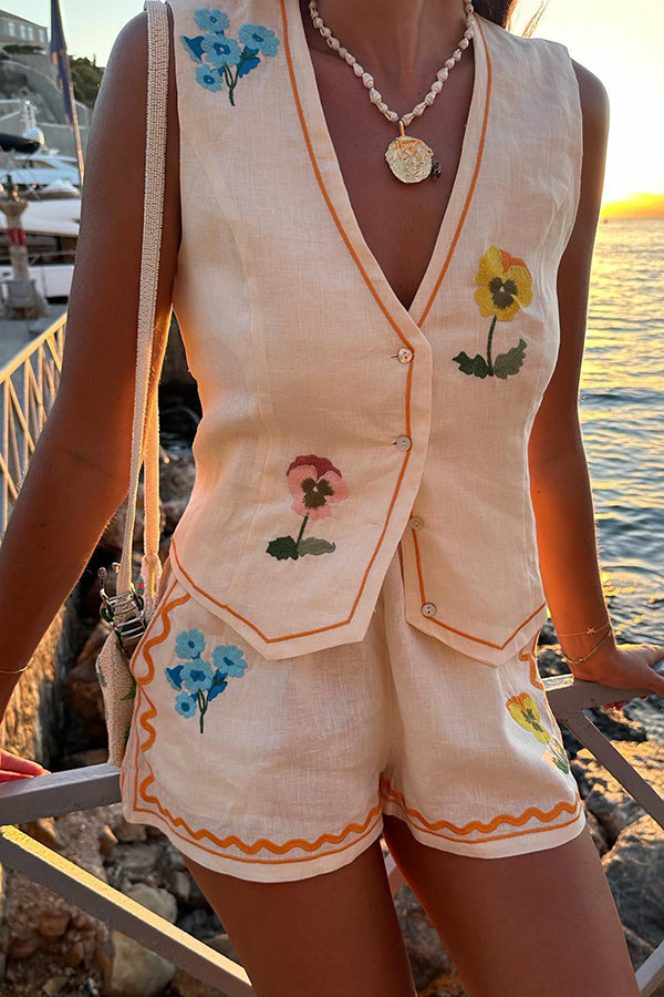 Summer Flower Printed Linen Blend Button Vest and Elastic Waist Pocketed Shorts Set | Consonak