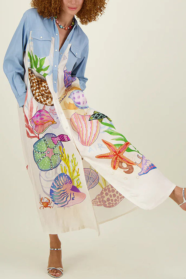 Take A Trip Marine Elements Unique Print Patchwork Pocketed Long Shirt Coat | Consonak