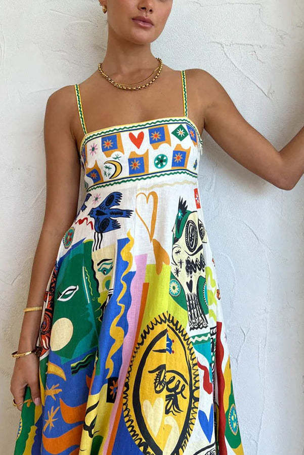 Joyful Glow Goddess Linen Blend Unique Print Pocketed Smocked Back Midi Dress-consonak