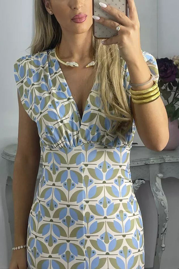 Forever Here Printed Padded Shoulder Front Center Slit Midi Dress-consonak