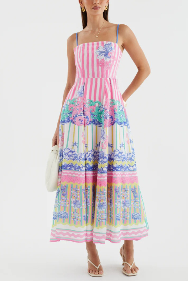 Unique Print Spaghetti Strap Square Neck Fitted Waist Elegant Maxi Dress