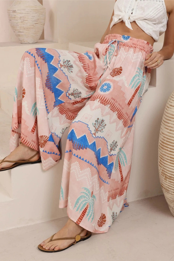 Resort-style Unique Printed Casual Stretch Waist Drawstring Pocket Wide-leg Pants