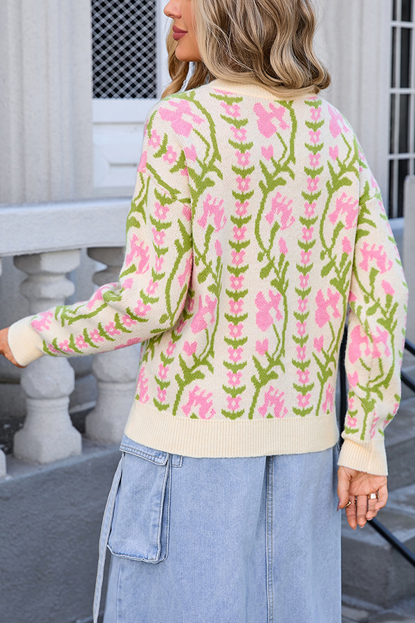 Fashionable Floral Knitted Crew Neck Casual Sweater-consonak