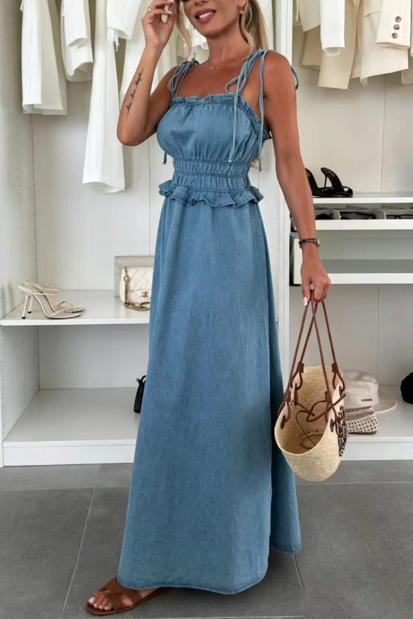 Stylish Square Neck Halter Backless Fitted Waist Pleated Casual Denim Maxi Dress
