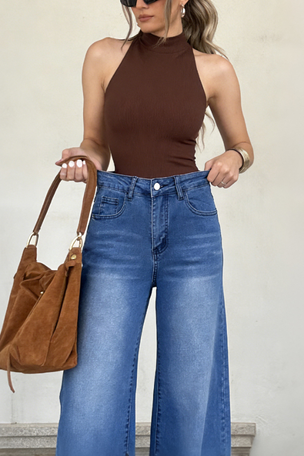 Stylish High-waisted Pocket Casual Frayed Straight Leg Jeans-consonak