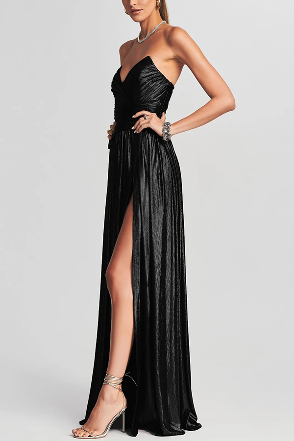 Goddess Temperament Metallic Pleated Fabric Off Shoulder Slit Maxi Dress-consonak
