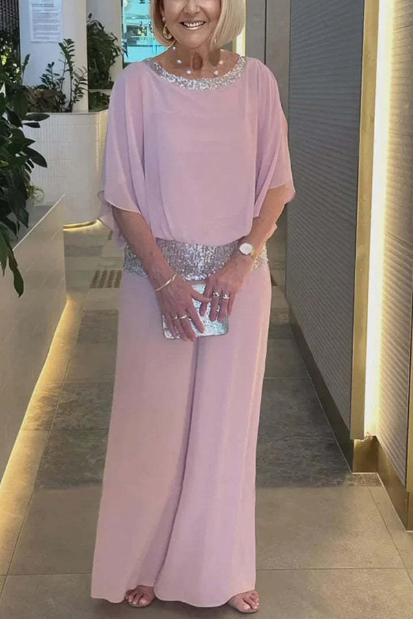 Stylish Sequin Patchwork Dolman Sleeve Top and Elastic Waist Wide Leg Pants Set-consonak