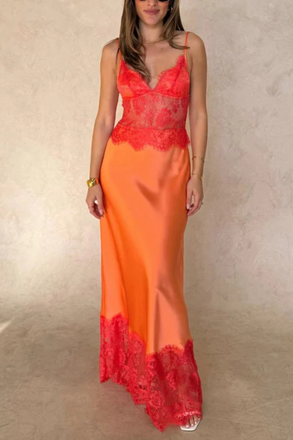 Fashionable Satin Lace Patchwork Sheer V-neck Elegant Slim-fit Maxi Dress | Consonak