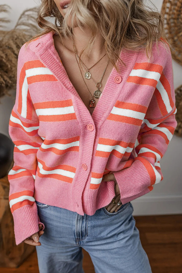 Colorblock Striped Knitted Long-sleeve Cardigan-consonak