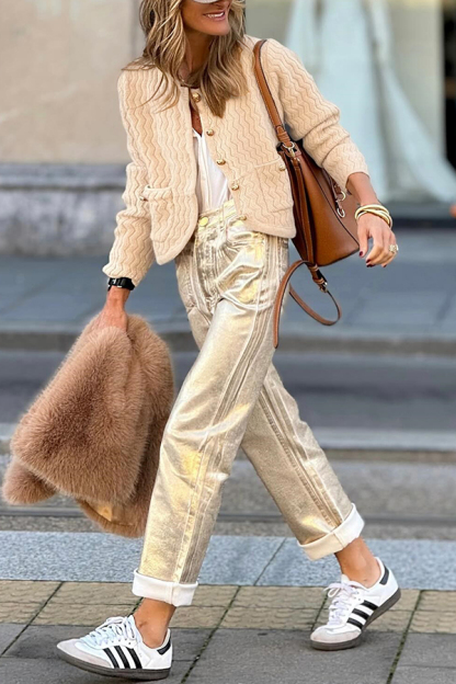 Solid Color V-neck Long-sleeved Loose Pocket Knit Cardigan-consonak