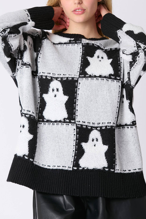 Halloween Plaid Ghost Loose Long Sleeve Knitted Sweater-consonak