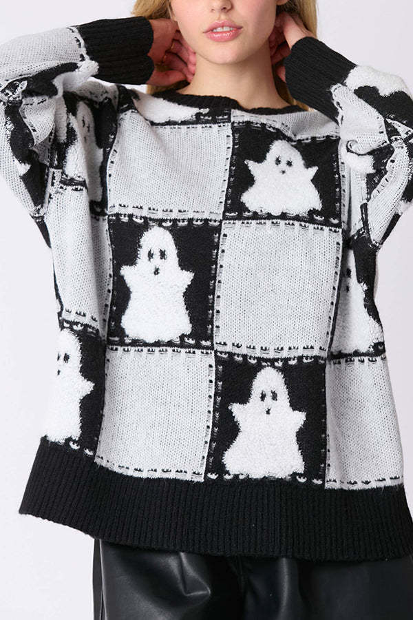 Halloween Plaid Ghost Loose Long Sleeve Knitted Sweater-consonak