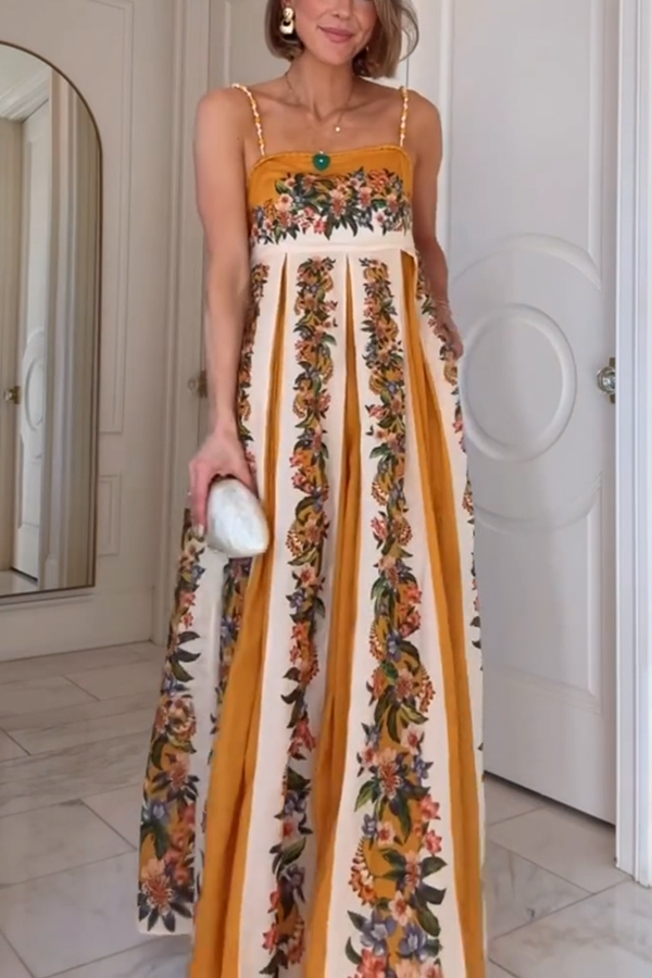 Bloom Bright Linen Blend Floral Print Beaded Shoulder Straps Pocket Maxi Dress-consonak