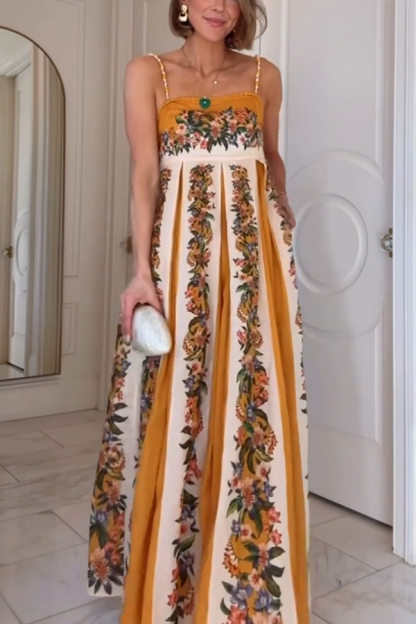 Bloom Bright Linen Blend Floral Print Beaded Shoulder Straps Pocket Maxi Dress-consonak