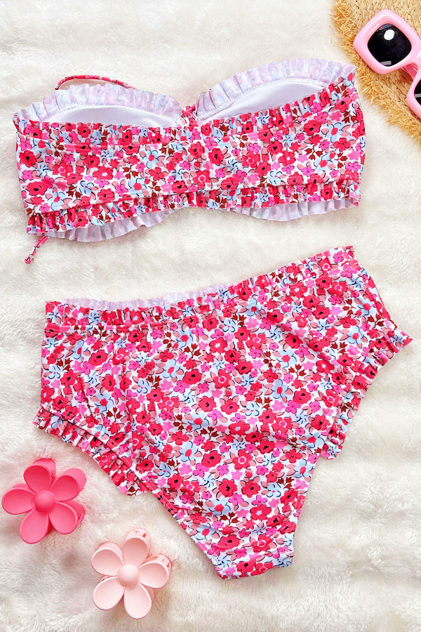 Floral Print Ruffled High-waisted Two-piece Stretch Bikini Swimsuit-consonak