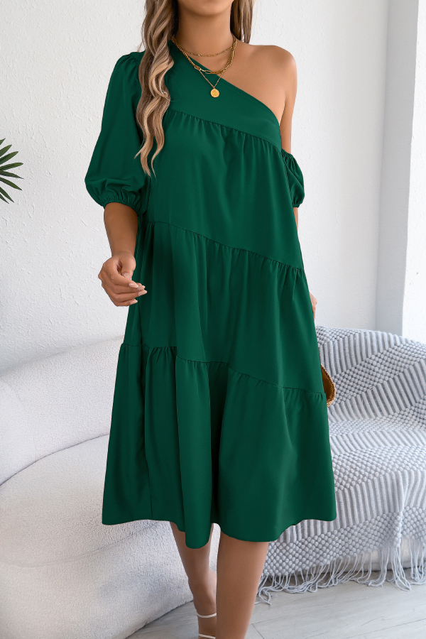 Solid Color Loose Slash Neck Short-sleeved Casual Midi Dress-consonak