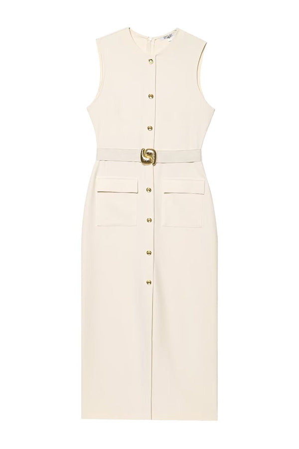 Danina Button Up Sleeveless Metal Belted Pocket Stretch Midi Dress-consonak