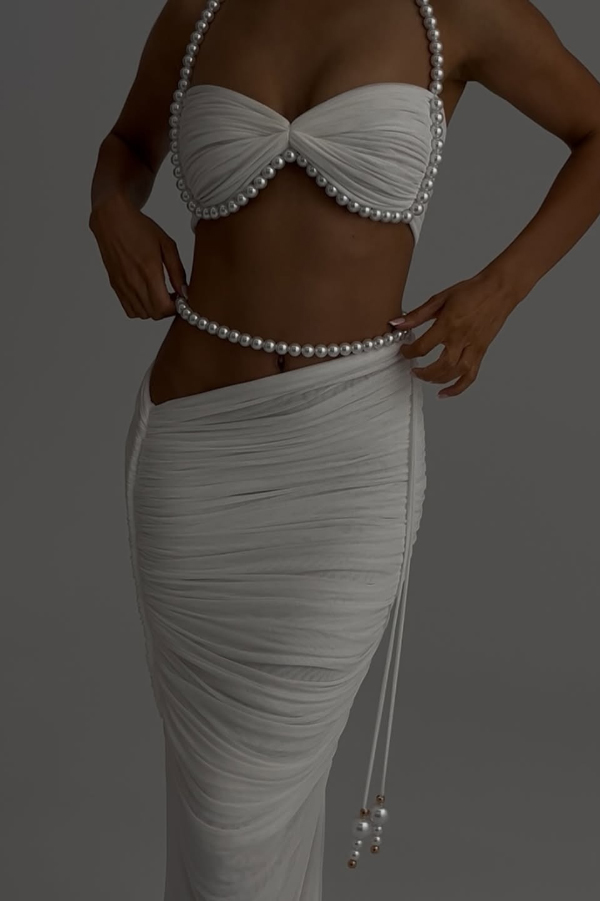 Imalia Stretch Mesh Pearl Trim Gathered Tank and  Detachable Belt Vacation Maxi Skirt Set-consonak