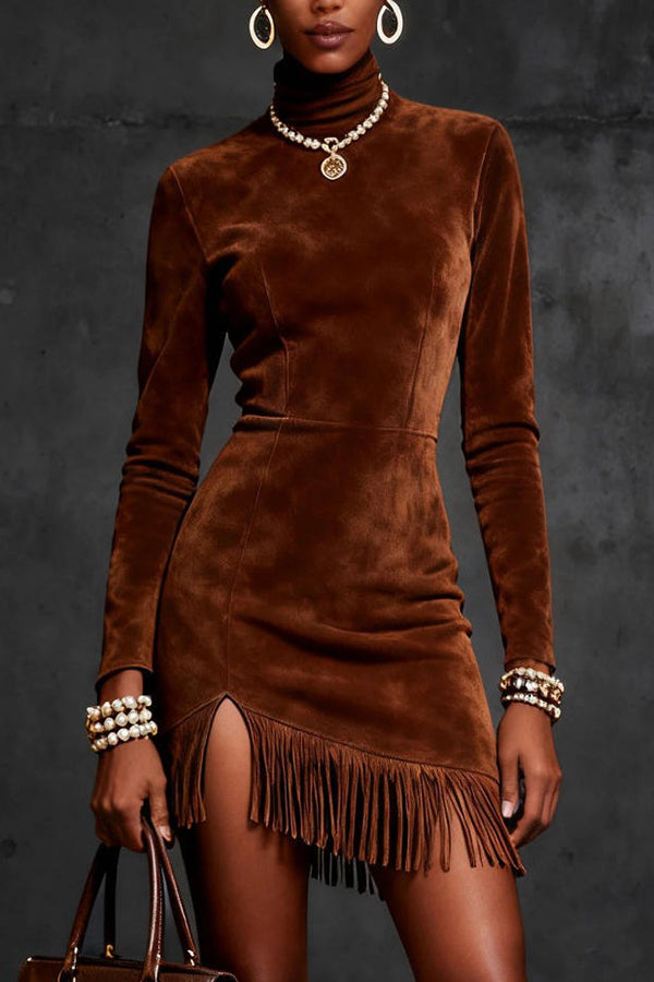 Stylish Suede Turtleneck Long-sleeved Slim-fit Tassel Mini Dress | Consonak