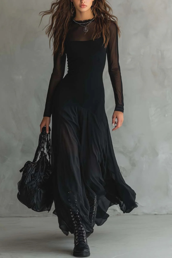 Fashionable Mesh-paneled Long-sleeved Slim-fit Maxi Dress