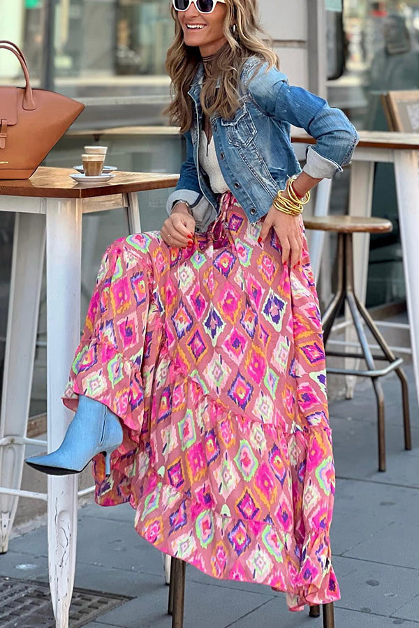 Courtyard Dreaming Bohemian Print Elastic Waist Tassel Maxi Skirt | Consonak