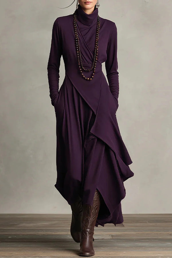 Solid Color High-neck Long-sleeved Irregular Casual Maxi Dress-consonak