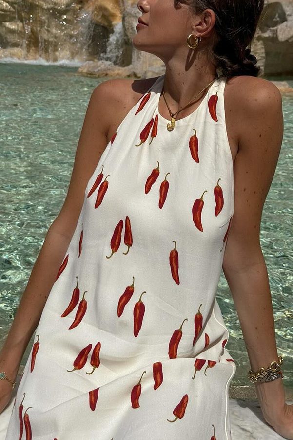 Spicy Summer Chili Pepper Unique Print Soft Fabric Halter Loose Mini Dress-consonak