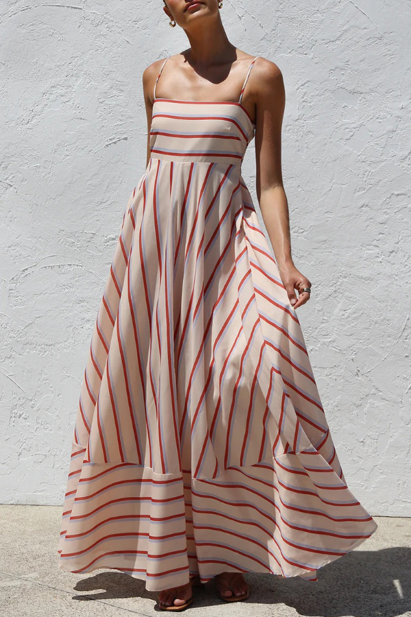 Striped Printed Square Neck Sleeveless Ruched Casual Maxi Dress