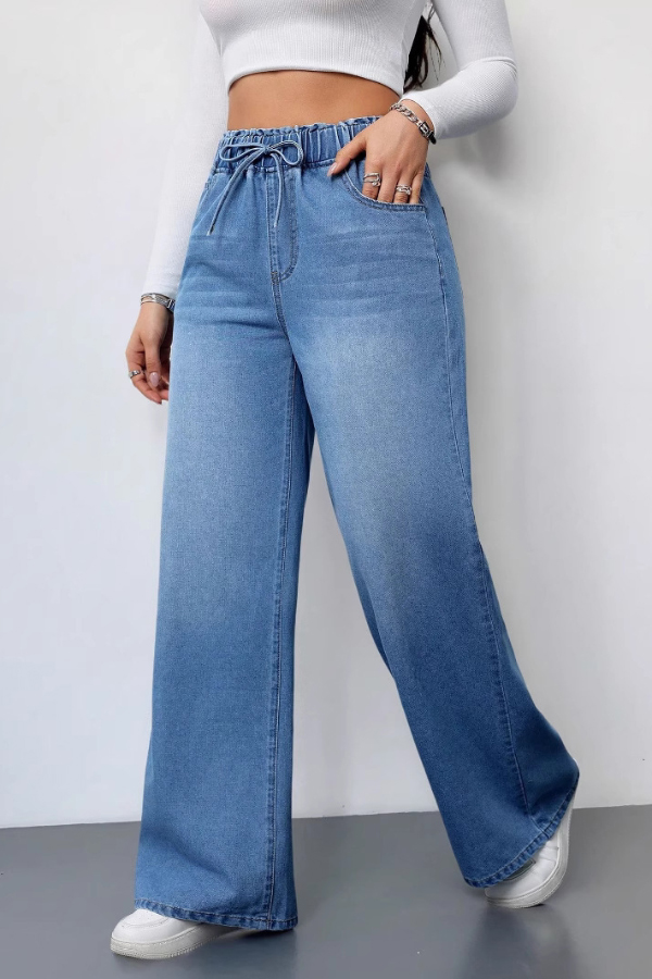 Solid Color Casual Elastic Waist Drawstring Loose Wide-leg Jeans