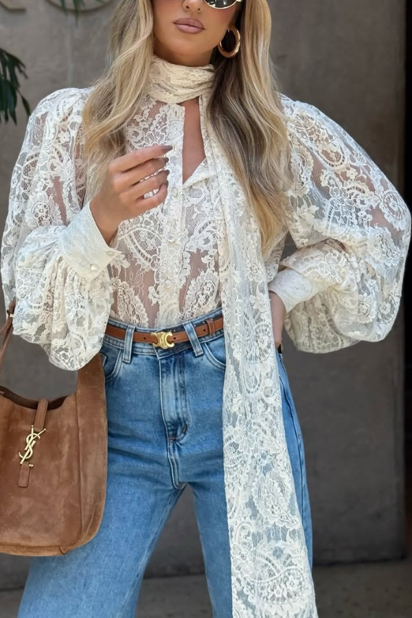 Solid Color Sheer Lace Elegant Ribbon Long-sleeved Shirt