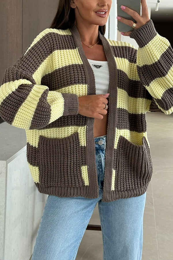 Fashionable Patchwork Striped Casual Pocket Knitted Sweater-consonak