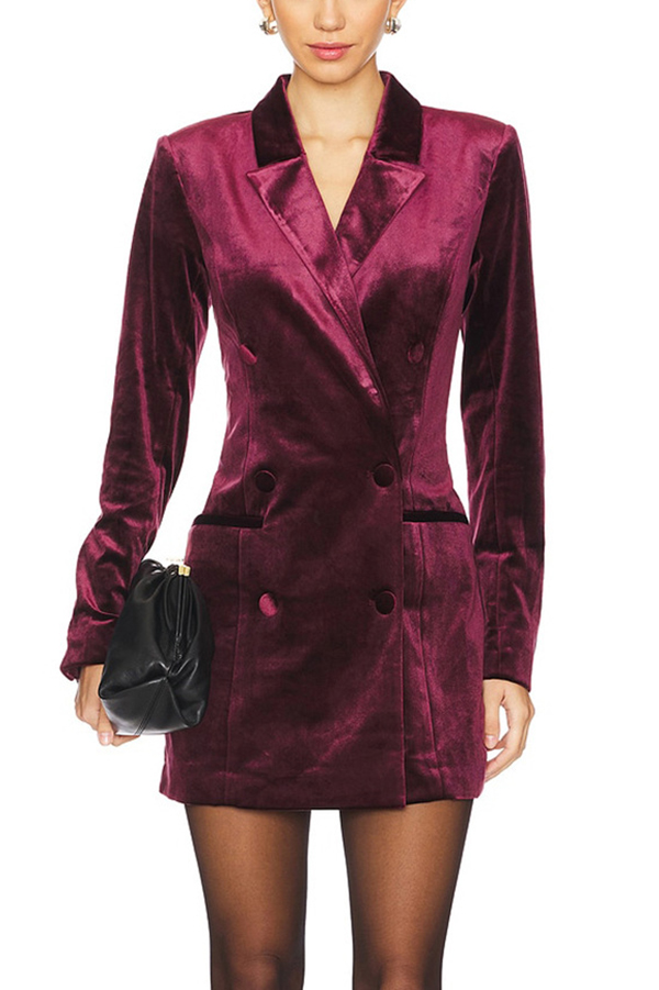 Holiday Soiree Solid Color Velvet Lapel Long Sleeve Blazer Mini Dress-consonak