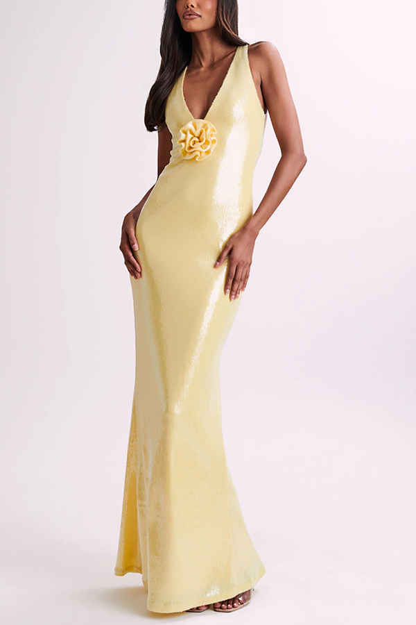 Sicilian Rose Sequin Three-dimensional Floral Sexy Backless Maxi Dress-consonak