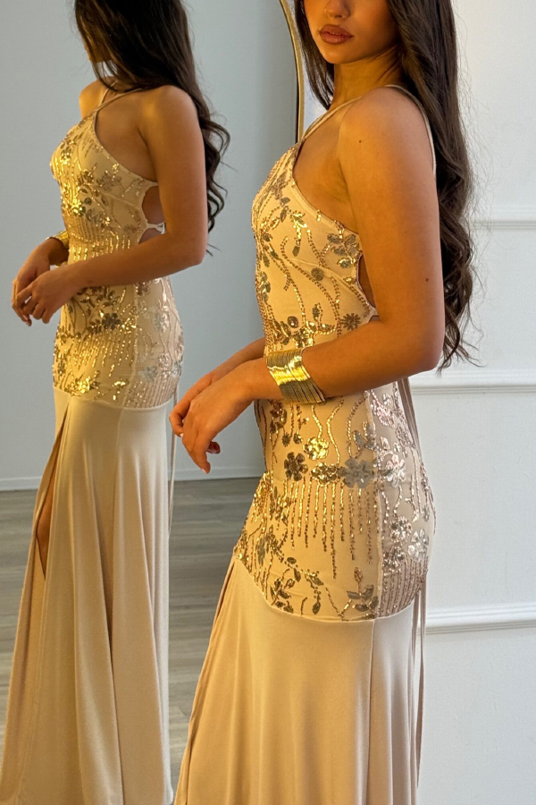 Fashionable Sequined Halter Neck Elegant Slim-fit Slit Maxi Dress-consonak