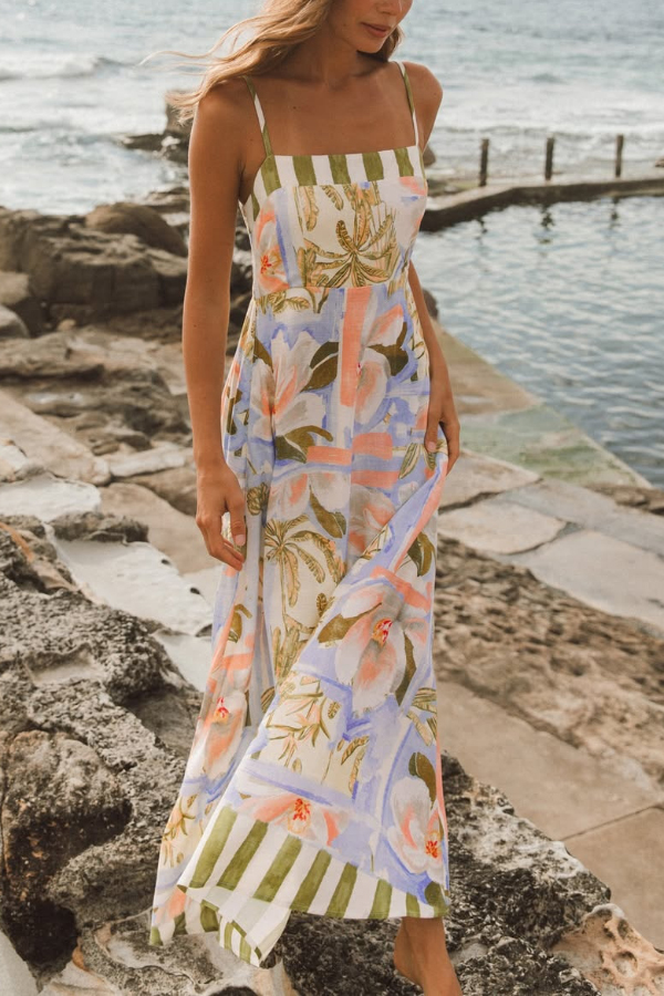 Unique Print Square Neck Spaghetti Strap Waist Casual Maxi Dress | Consonak