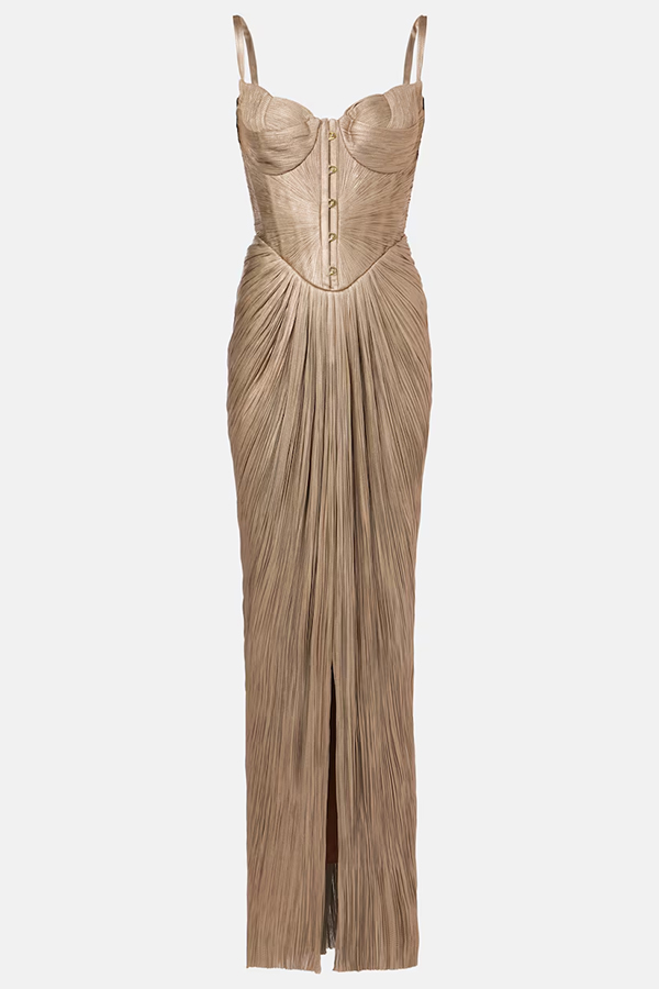 Vegas Queen Metallic Pleated Sculpted Bodice Back Lace-up Drape Maxi Dress | Consonak