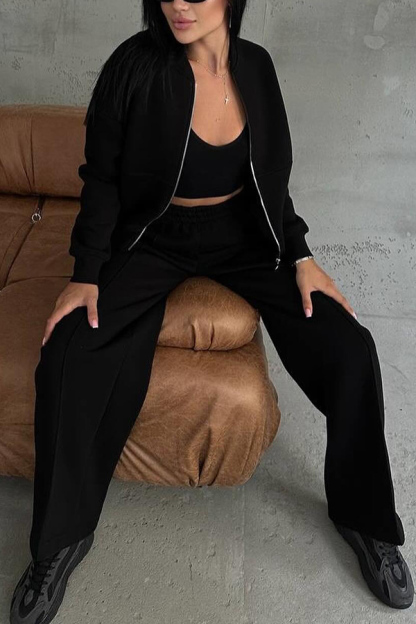 Solid Color Casual Long Sleeve Zipper Jacket and Elastic Waist Pocket Wide Leg Pants Set-consonak