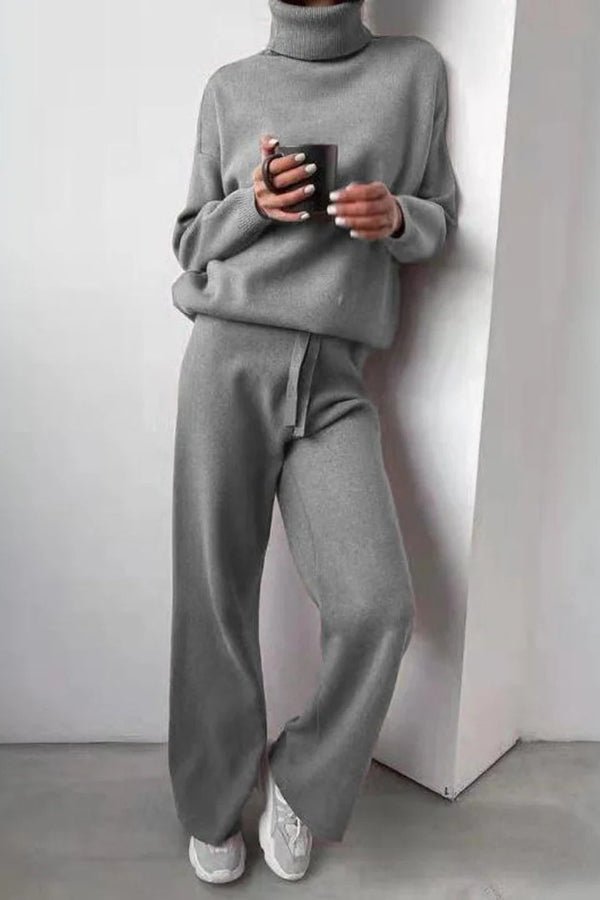 Solid Color Turtleneck Long-sleeved Knit Top and Elastic Waist Casual Pants Set-consonak