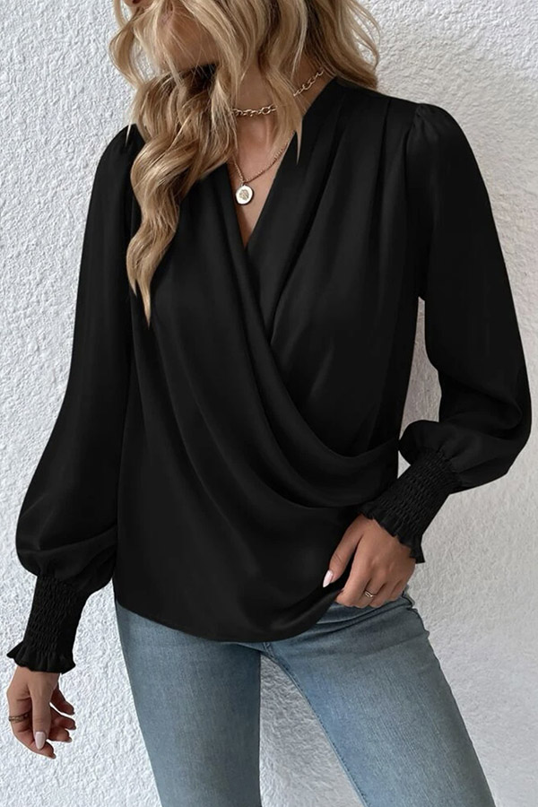 Satin Solid Color V-neck Lantern Sleeve Elegant Loose Shirt-consonak