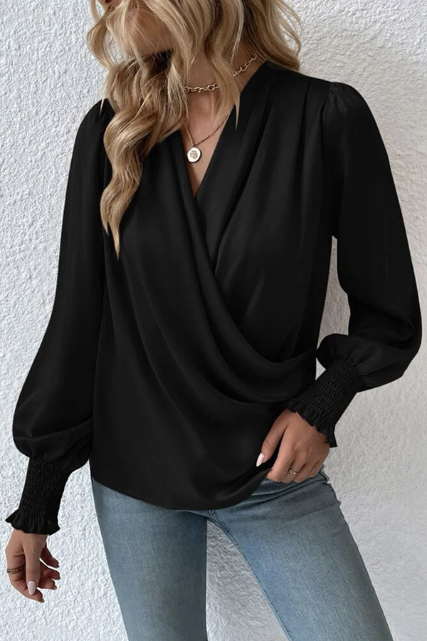 Satin Solid Color V-neck Lantern Sleeve Elegant Loose Shirt-consonak