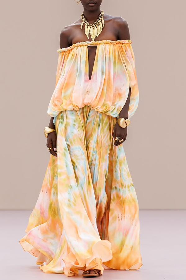 Gorgeous 70s Dream Tie-dye Print Off Shoulder Braid Cutout Detail Drape Maxi Dress | Consonak