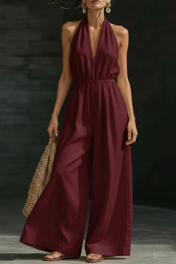 Solid Color V-neck Sleeveless Backless Casual Pocket Loose Wide-leg Jumpsuit