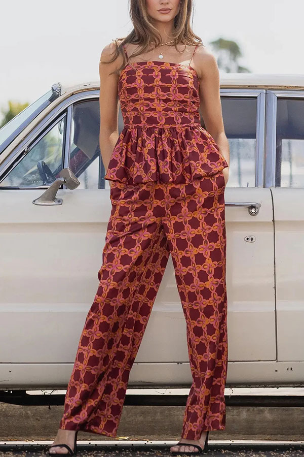 Chainlink Printed Bubble Back Pleated Slip Top and Elastic Waist Pocket Loose Pants Set-consonak