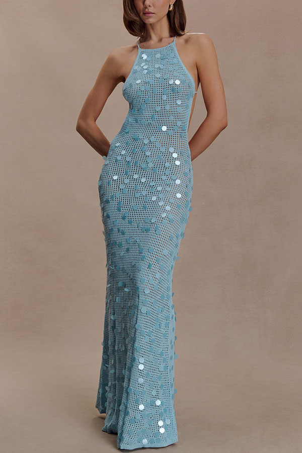 All Shimmer Knit Crochet Sequin Open Back Lace-up Vacation Maxi Dress